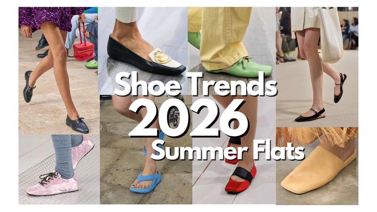 A collage of high-end runway flat shoe trends for Spring Summer 2026, featuring the Sneakerina, Glove Flats, and Architectural Square Toes curated by Chicquette.